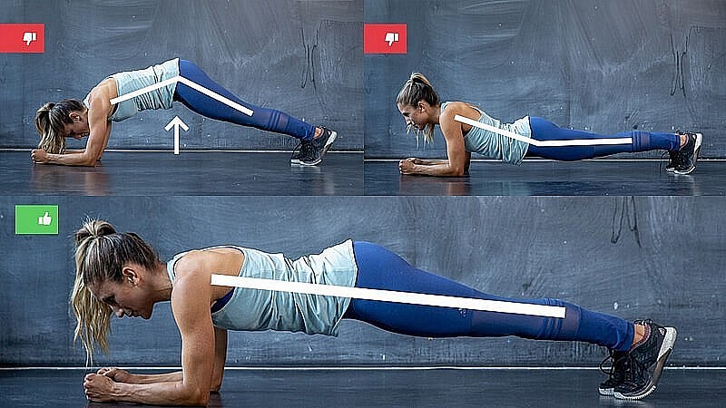 Tư thế plank sai với lưng võng sẽ dồn áp lực lên cột sống thắt lưng, giảm hiệu quả đốt mỡ bụng.