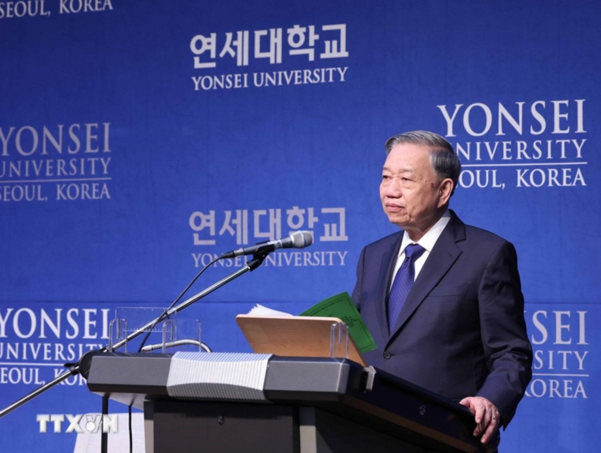 Tổng Bí thư Tô Lâm phát biểu tại Đại học Yonsei. Ảnh: TTXVN