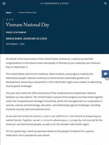 Ảnh chụp màn hình thông cáo ngày 1/9/2025 của Ngoại trưởng Hoa Kỳ. Ảnh: Ngọc Quang/PV TTXVN tại Washington