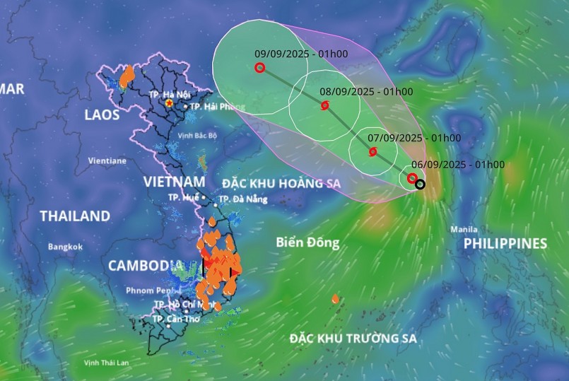Hướng di chuyển của áp thấp nhiệt đới khả năng mạnh thành bão số 7. Từ Đà Nẵng trở vào nhiều nơi mưa to. Nguồn: Hệ thống giám sát thiên tai Việt Nam
