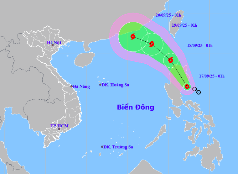 Bản đồ dự báo quỹ đạo và cường độ áp thấp nhiệt đới gần Biển Đông phát lúc 2 giờ sáng 17/9/2025. (Ảnh: Trung tâm Dự báo khí tượng thủy văn quốc gia)