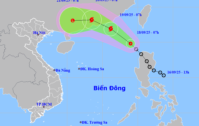 Đường đi của áp thấp nhiệt đới cập nhật sáng 18/9. Nguồn: NCHMF