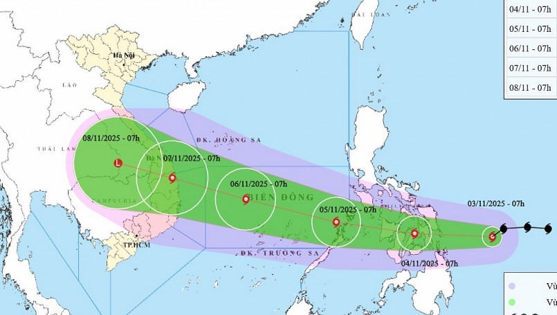 Bản đồ dự báo đường đi, khu vực ảnh hưởng của bão Kalmaegi. (Nguồn: NCHMF)