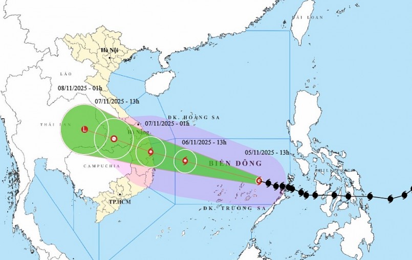 Hồi 13 giờ ngày 5/11: Tâm bão cách đảo Song Tử Tây khoảng 360km về phía Đông. Sức gió mạnh nhất cấp 13-14 (134-166 km/giờ), giật cấp 17. Hồi 13 giờ ngày 5/11: Tâm bão cách đảo Song Tử Tây khoảng 360km về phía Đông. Sức gió mạnh nhất cấp 13-14 (134-166 km/giờ), giật cấp 17.