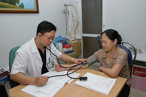 Bệnh nhân được bác sĩ kiểm tra huyết áp khi thăm khám