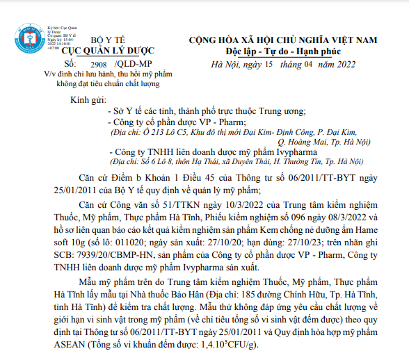 Bộ Y tế: Thu hồi toàn quốc lô sản phẩm Kem chống nẻ dưỡng ẩm Hame soft 10g