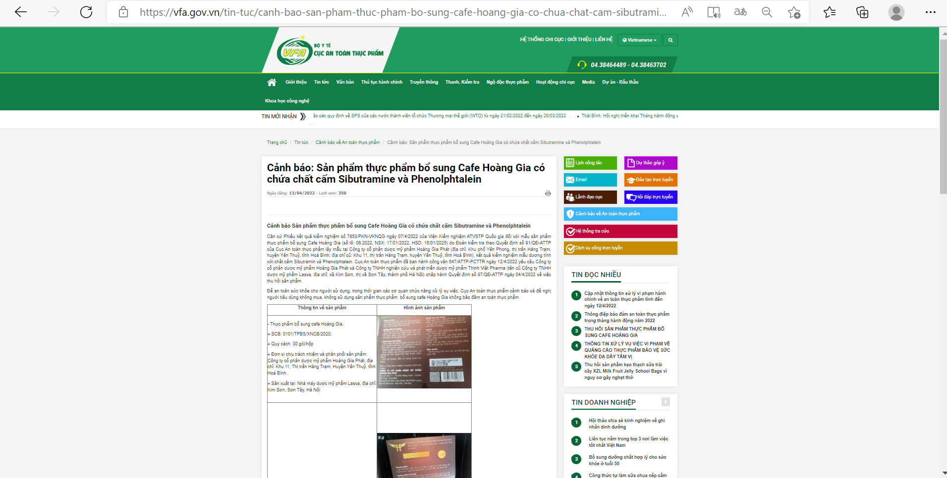 Cảnh báo sản phẩm TPBS Cafe Hoàng Gia chứa chất cấm Sibutramine và Phenolphtalein