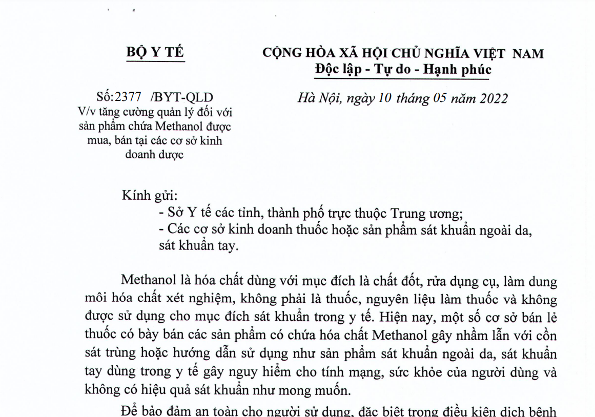 Tăng cường quản lý sản phẩm chứa Methanol được mua, bán tại các cơ sở kinh doanh dược