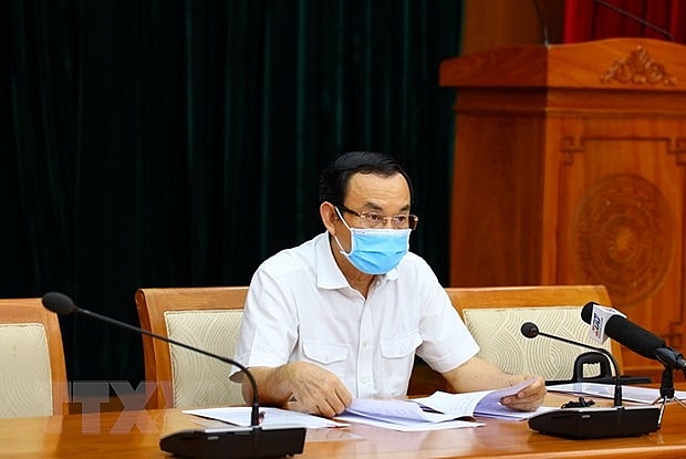 Ông Nguyễn Văn Nên, Ủy viên Bộ Chính trị, Bí thư Thành ủy TP Hồ Chí Minh tại cuộc họp Ban Chỉ đạo phòng chống dịch bệnh COVID-19 TP Hồ Chí Minh chiều 9/2. (Ảnh: TTXVN phát)