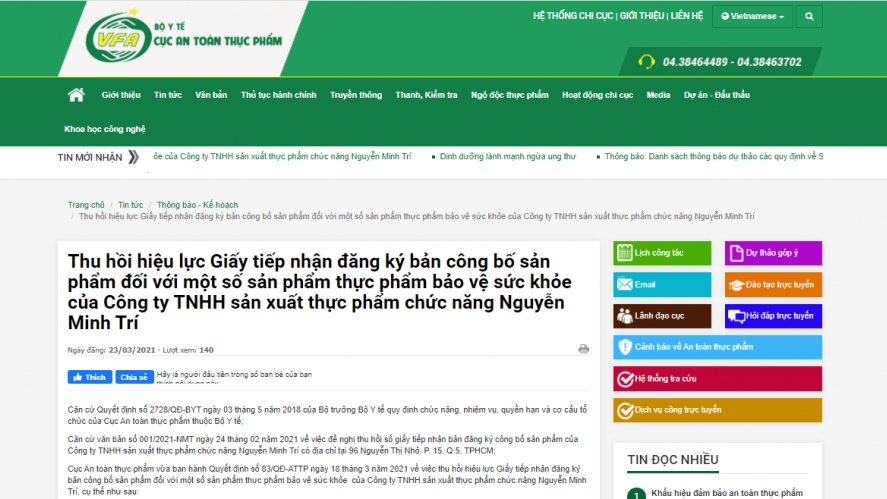 Thu hồi 3 Giấy tiếp nhận đăng ký bản công bố sản phẩm TPBVSK của Công ty Nguyễn Minh Trí