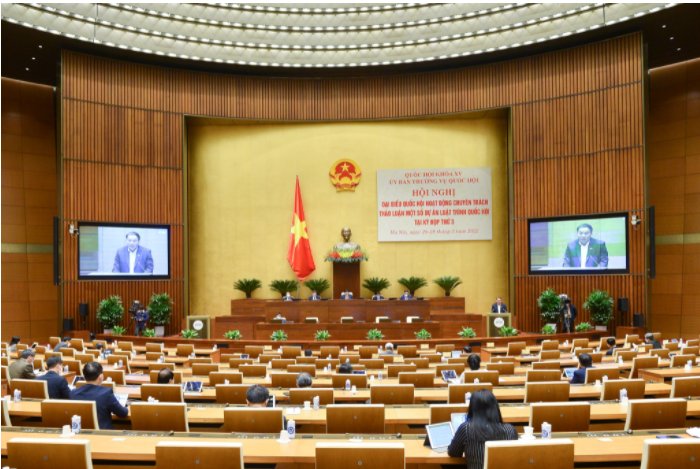 Toàn cảnh Hội nghị đại biểu Quốc hội hoạt động chuyên trách từ điểm cầu phòng Diên Hồng, Nhà Quốc hội sáng 29/03