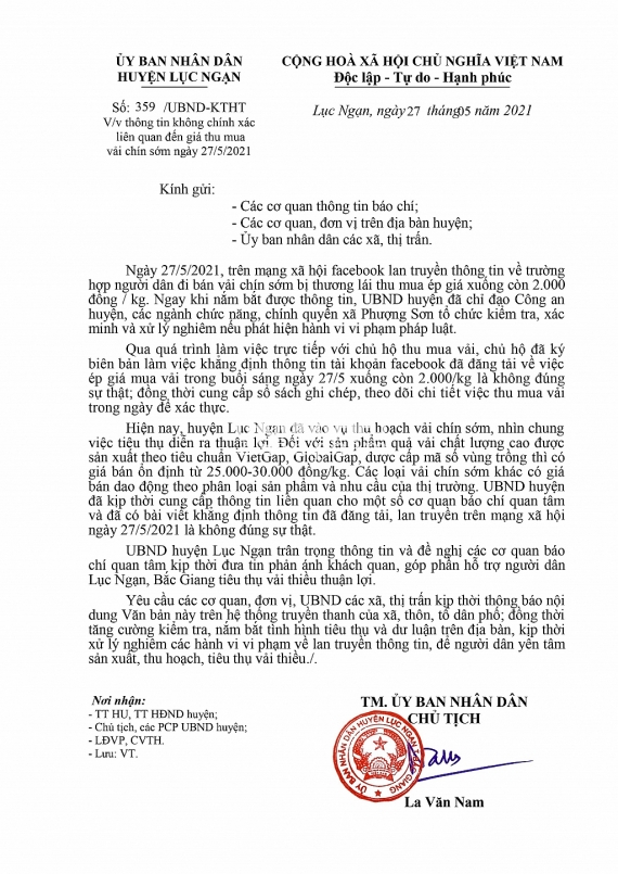 Lục Ngạn: Bác bỏ thông tin vải sớm giá 2.000 đồng/kg