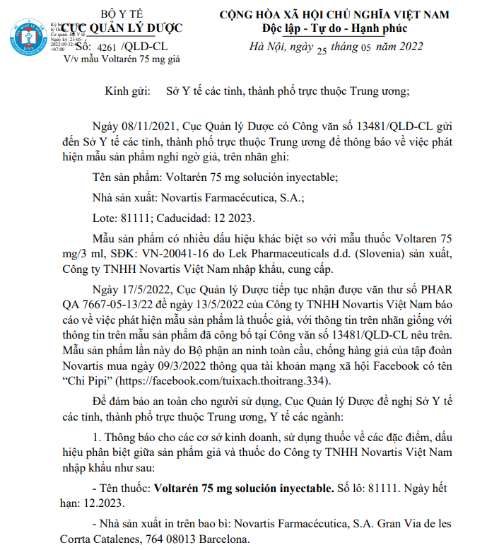 Cục Quản lý Dược cảnh báo mẫu thuốc Voltarén 75 mg nghi ngờ là giả trên thị trường