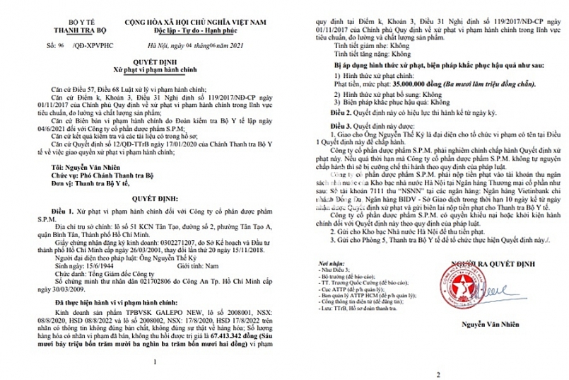 Quyết định xử phạt vi phạm hành chính số 96/QD0-XPVPHC ngày 04/6/2021 của Thanh tra Bộ Y tế