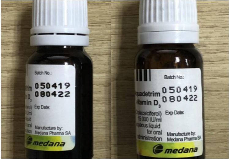 Sản phẩm nghi ngờ là giả bên trái và sản phẩm do Công ty TNHH Dược Thống Nhất phân phối bên phải.