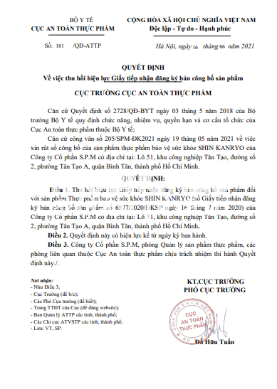 Thu hồi hiệu lực Giấy tiếp nhận đăng ký bản công bố sản phẩm TPBVSK SHIN KANRYO