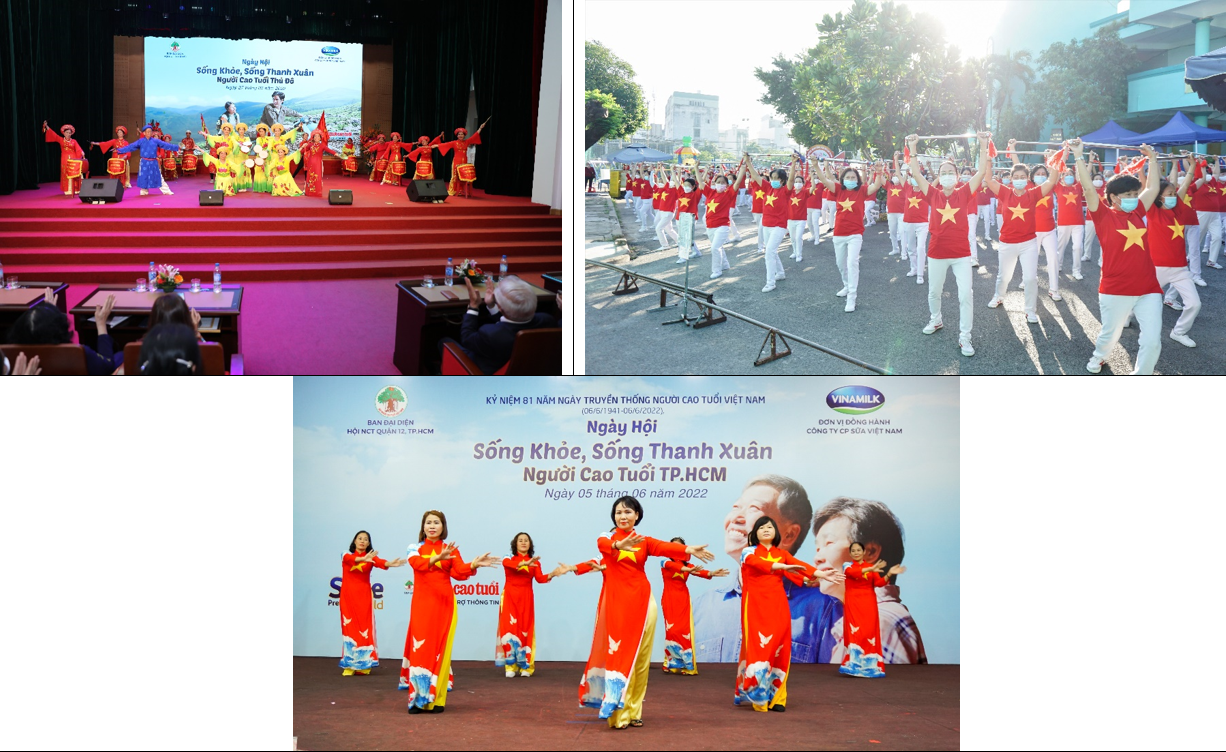  Tinh thần “Sống khỏe, sống thanh xuân” được thể hiện một cách ấn tượng qua các màn biểu diễn múa, tiết mục dưỡng sinh của người cao tuổi Hà Nội và Hồ Chí Minh