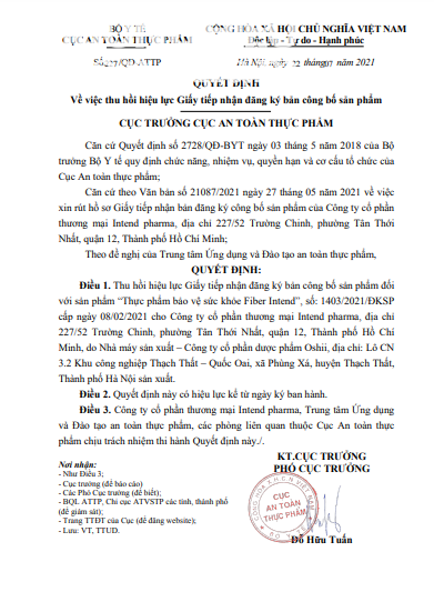 Thu hồi hiệu lực Giấy tiếp nhận đăng ký bản công bố sản phẩm TPBVS Fiber Intend Thu hồi hiệu lực Giấy tiếp nhận đăng ký bản công bố sản phẩm TPBVS Fiber Intend