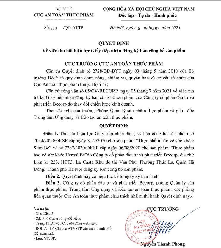 Thu hồi 2 Giấy tiếp nhận công bố sản phẩm của Công ty Cổ phần đầu tư và phát triển Becorp Thu hồi 2 Giấy tiếp nhận công bố sản phẩm của Công ty Cổ phần đầu tư và phát triển Becorp