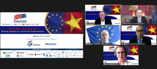 Hội thảo trực tuyến kỷ niệm một năm thực hiện hiệp định EVFTA hôm 30/7 do EuroCham tổ chức. Ảnh: EuroCham.