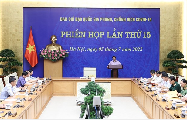 Sáng 5/7, Thủ tướng Chính phủ Phạm Minh Chính, Trưởng Ban Chỉ đạo Quốc gia phòng, chống dịch COVID-19 (Ban Chỉ đạo) chủ trì phiên họp thứ 15 của Ban Chỉ đạo