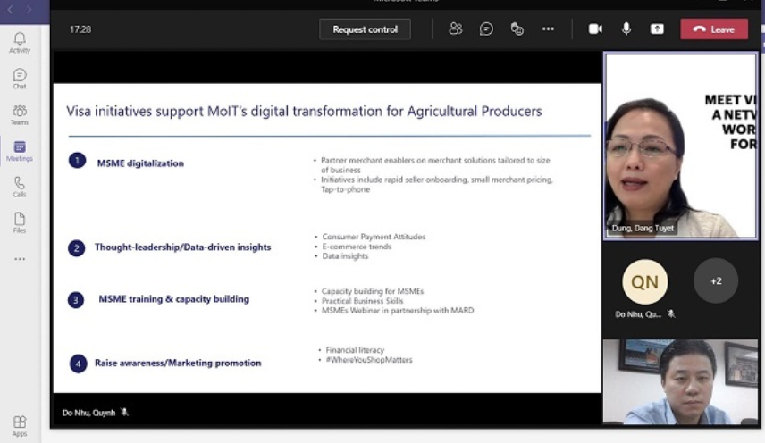Trung tâm Tin học và Công nghệ số, Cục Thương mại điện tử và Kinh tế số họp trực tuyến với Công ty Công nghệ thanh toán toàn cầu VISA tại 3 điểm cầu ở Hà Nội, Thành phố Hồ Chí Minh và Singapore.