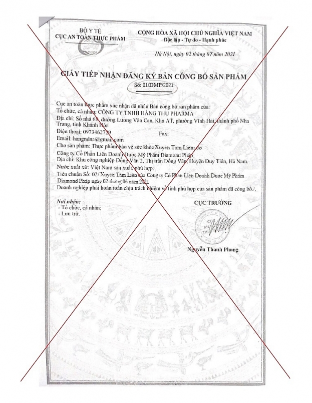 Giấy tiếp nhận đăng ký bản công bố sản phẩm cũng là giả mạo 