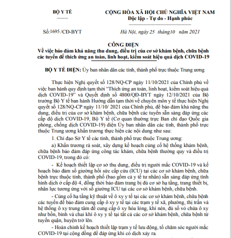 Bộ Y tế yêu cầu củng cố hệ thống điều trị, sẵn sàng đáp ứng dịch ở cấp độ 4