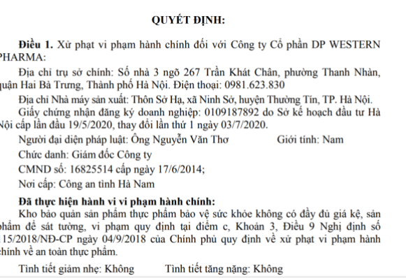  Quyết định xử phạt hành chính của công ty Công ty Cổ phần DP WESTERN PHARMA