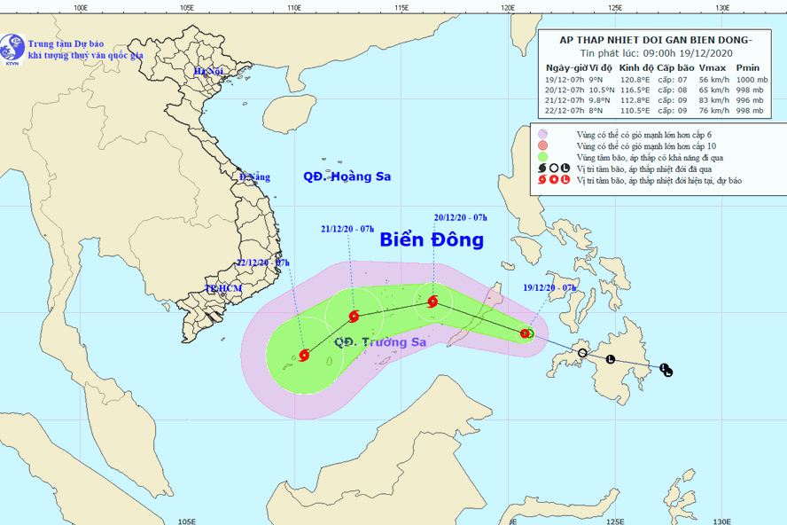 Vị trí và đường đi của áp thấp nhiệt đới. Ảnh: Trung tâm DỰ báo KTTV Quốc gia. Vị trí và đường đi của áp thấp nhiệt đới. Ảnh: Trung tâm DỰ báo KTTV Quốc gia.