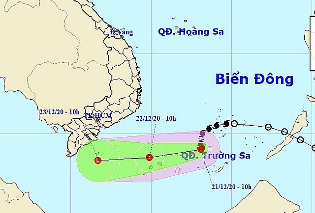 Vị trí và hướng di chuyển của áp thấp nhiệt đới. (Ảnh: NCHMF).