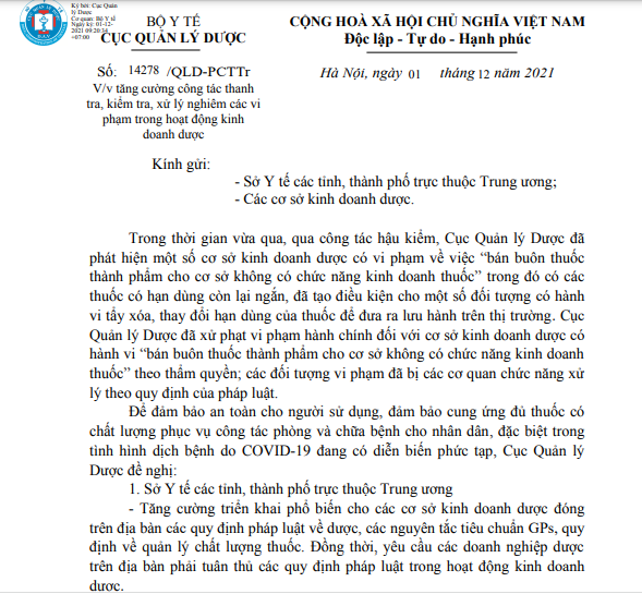 văn bản số 14278/QLD-PCTTr  của Cục Quản lý Dược 