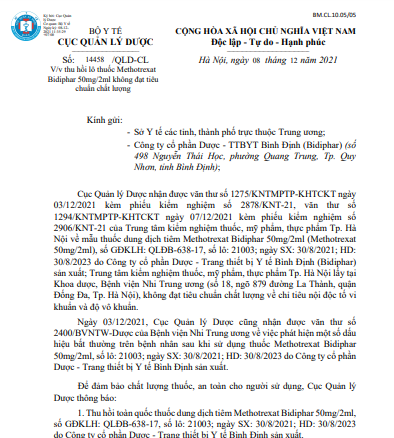 Công văn số 14458/QLD-CL của Cục Quản lý Dược Công văn số 14458/QLD-CL của Cục Quản lý Dược