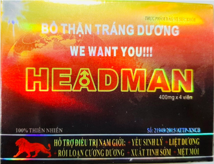 Mặt trước bao bì sản phẩm thực phẩm bảo vệ sức khỏe Bổ thận Tráng dương HEADMAN