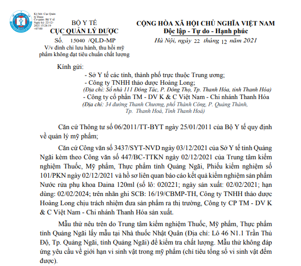 Văn bản số 15040/QLD-MP Cục Quản lý Dược 