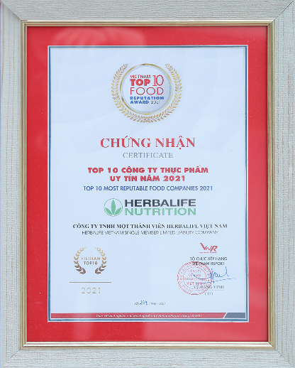Chứng nhận top 10 công ty thực phẩm uy tín năm 2021.