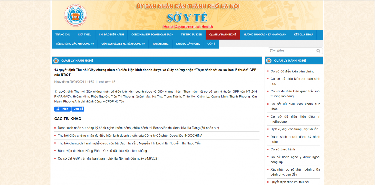 Sở Y tế Hà Nội yêu cầu 13 cơ sở chấm dứt hoạt động kinh doanh Dược tại TP. Hà Nội Sở Y tế Hà Nội yêu cầu 13 cơ sở chấm dứt hoạt động kinh doanh Dược tại TP. Hà Nội