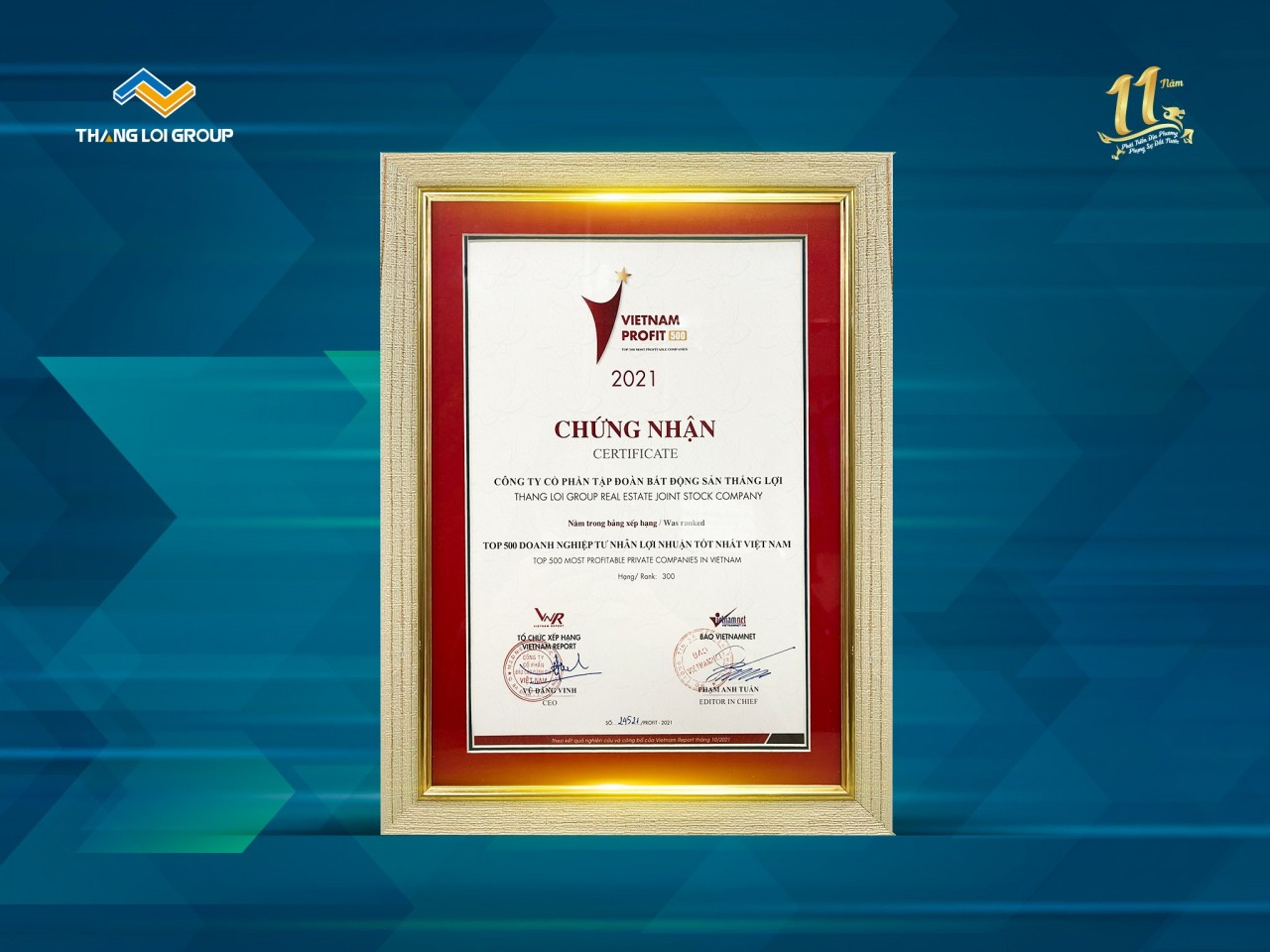 Tập đoàn BĐS Thắng Lợi đạt TOP 500 Doanh nghiệp có lợi nhuận tốt nhất Việt Nam 2021