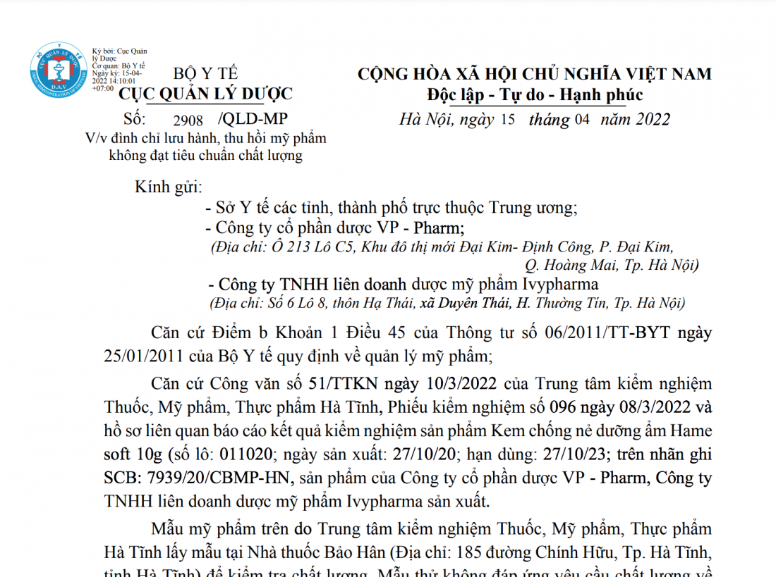 Thu hồi kem chống nẻ dưỡng ẩm Hame soft trên toàn quốc