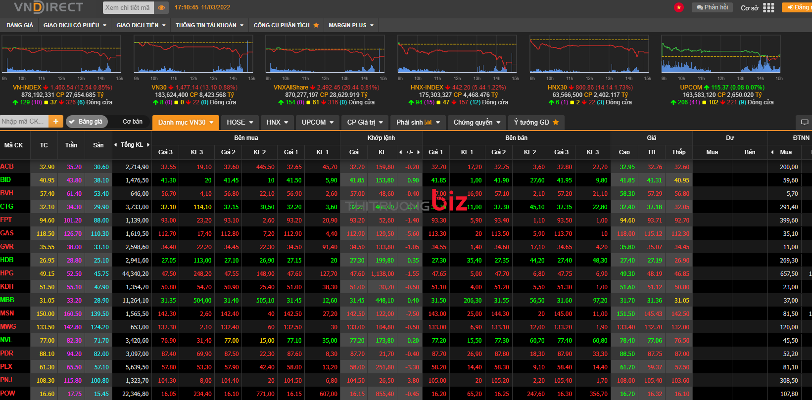 Thị trường chứng khoán ngày 11/3:  Sắc đỏ phủ lên hầu hết các nhóm ngành, VN-Index rơi 13 điểm