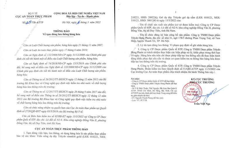 05 sản phẩm của Tritydo Hưng Phước bị tạm dừng lưu thông, sử dụng
