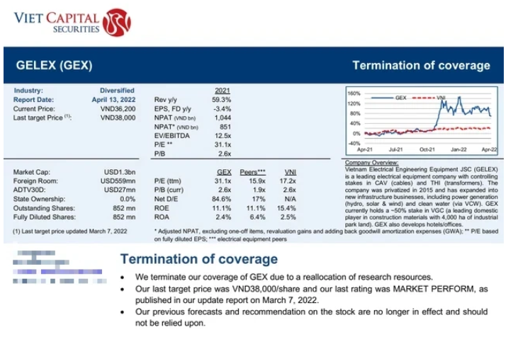 Chứng khoán Bản Việt (VCSC) huỷ tất cả khuyến nghị về cổ phiếu GEX