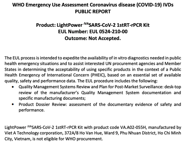Kít xét nghiệm COVID-19 của công ty Việt Á không được WHO chấp nhận Kít xét nghiệm COVID-19 của công ty Việt Á không được WHO chấp nhận