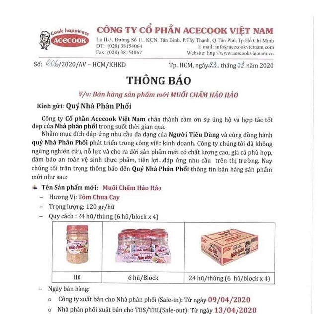 Th&ocirc;ng b&aacute;o của C&ocirc;ng ty cổ phần AceCook Việt Nam về việc b&aacute;n sản phẩm muối chấm m&igrave; t&ocirc;m Hảo Hảo