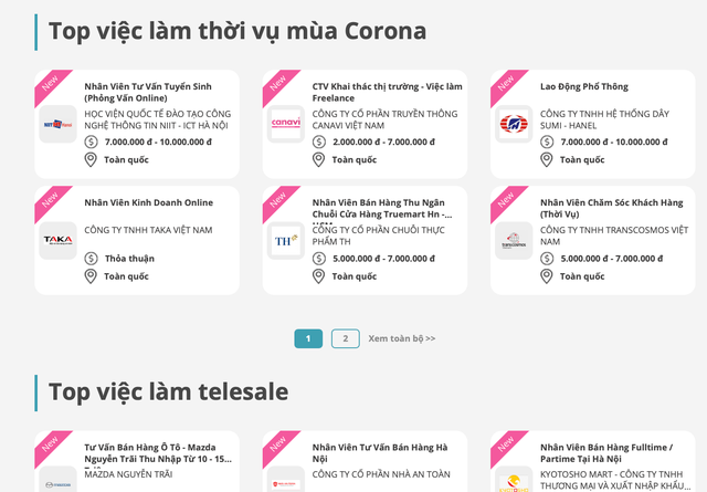 Những c&ocirc;ng việc được tuyển dụng tr&ecirc;n Website của Canavi