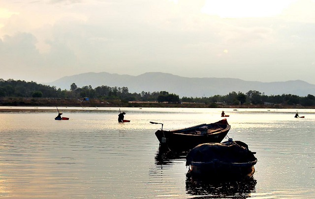 nhiều người dân ở phường Phổ Quang ngâm mình dưới nước để cào don dắt, nhủi hến trên sông Thoa