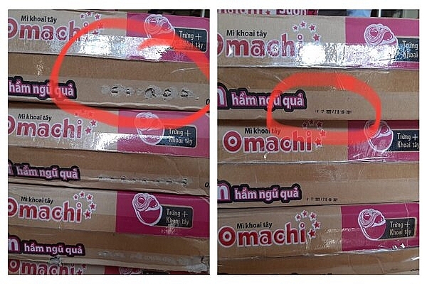Vỏ thùng mì đã bị tẩy xoá hạn sử dụng, số lô trên vỏ thùng