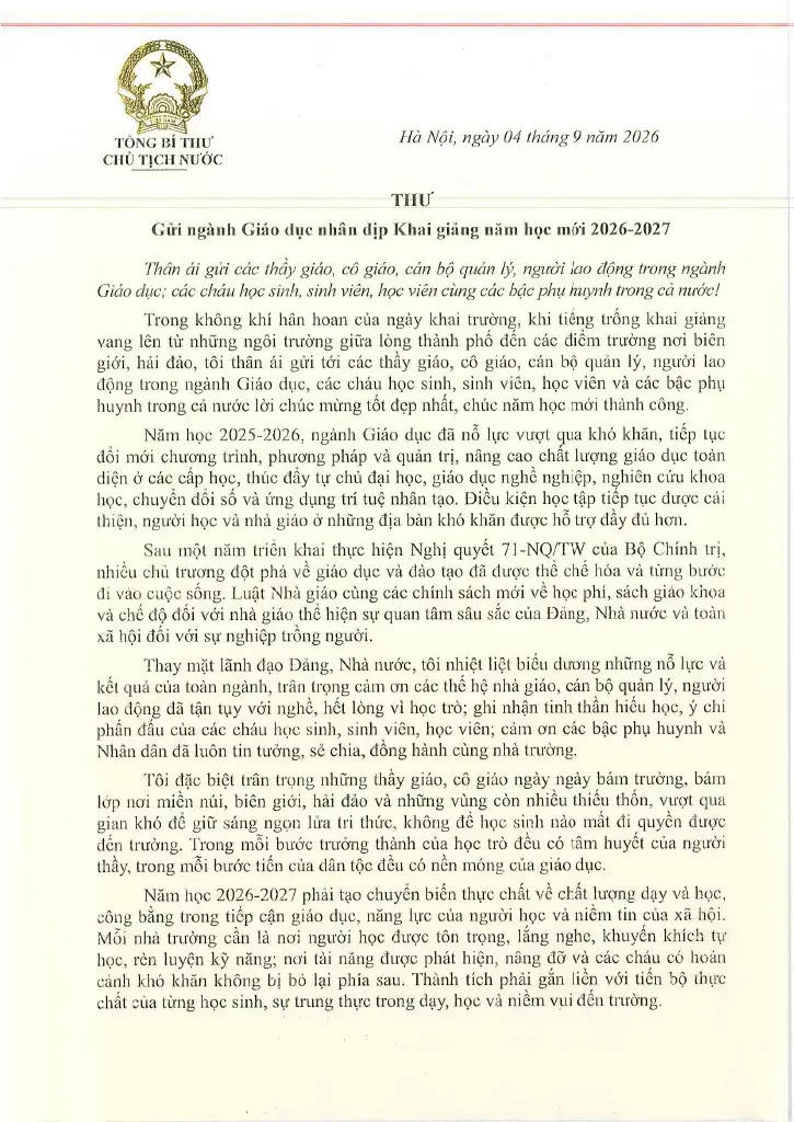 Thư của Tổng Bí thư, Chủ tịch nước Tô Lâm gửi ngành giáo dục nhân dịp Khai giảng năm học mới 2026-2027- Ảnh 1.